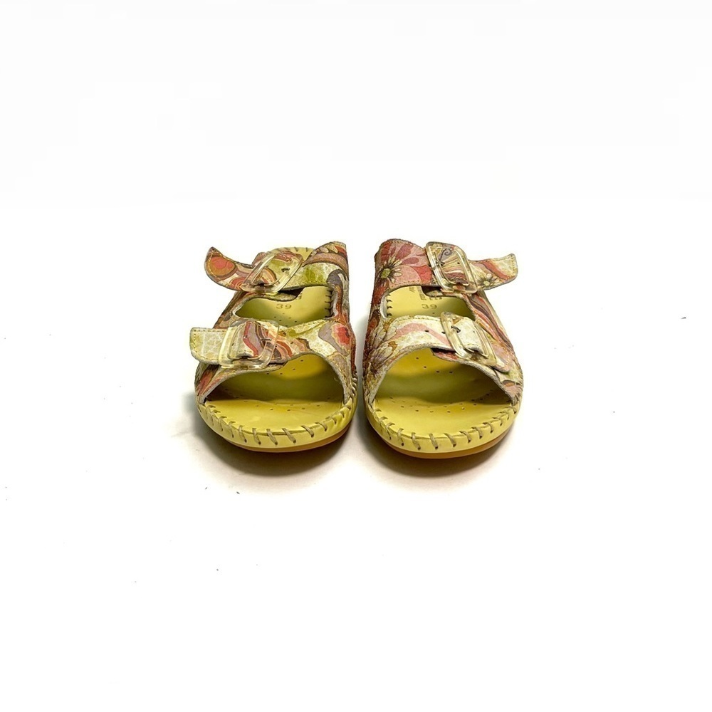 Vintage Y2K deadstock chartreuse leather floral print buckle strap sandals - Picture 2 of 8